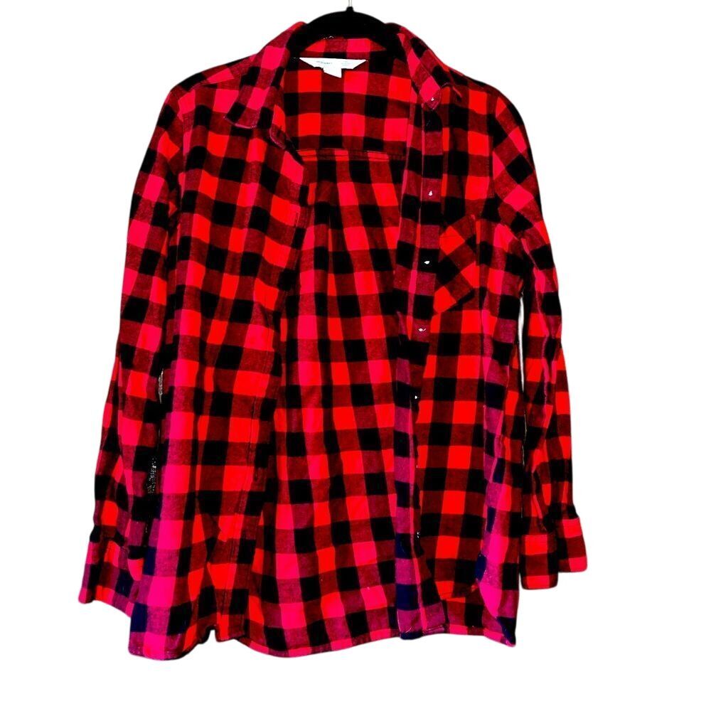 Red and Black Buffalo Plaid Flannel Button-Down Shirt Casual Long Sleeve A55